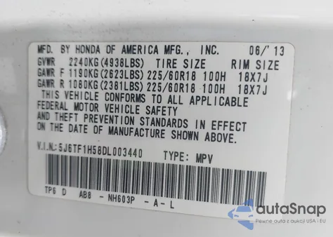 2013 Honda Crosstour Ex-L V6 из США, поврежденный, VIN 5J6TF1H58DL003440